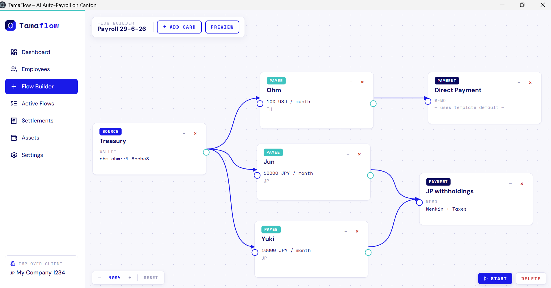 TamaFlow desktop app — flow canvas with a palette of payment templates on the left, an Employee card and a Payment card joined by an animated dashed connector on the right.